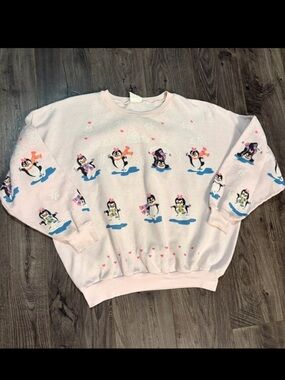 Vintage sweater Penguins playing in snow kitschy cute